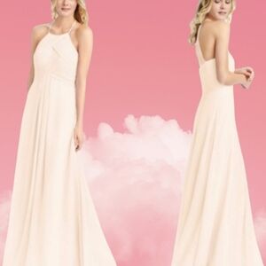 Lekoff pale Blush pink ruched bodice chiffon halter neck flowy long gown sz 8